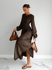 Siren Gaze Women's Solid Color Round Neck Lantern Sleeve Single-Breasted Elegant Long Dress Winter Party Brown Evening Dress Spring - Brown - View 5