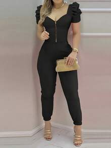 INAWLY 女式合身性感V领拉链羊腿袖连体衣（无腰带） - 黑色 - 查看 3