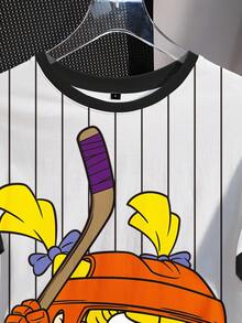 Nick 90s | SHEIN 女士休闲条纹卡通图案圆领短袖T恤，夏季 - 白色 - 查看 5