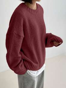DAZY Áo len chui đầu dệt kim cổ tròn vai trễ màu trơn thường ngày cho nữ - Màu Đỏ Sâu - Xem 4