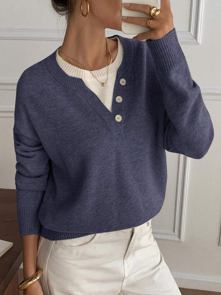 Casual Color Block Henley Neck Pullover, Soft Knit 2 In 1 Sweater For Women