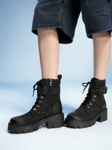 Sugerpunk 女式休闲扣环粗跟摩托车踝靴 - 黑色 - 查看 4