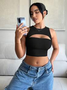 SHEIN SXY Women Solid Color Hollow Out Short Ribbed Slim Fit Tank Top - Multicolor - View 20