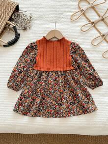 SHEIN Babygirl 优雅卡其色碎花长袖连衣裙 - 彩色 - 查看 2