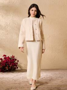 Elegant Minimalist Elegant Round Neck Long Sleeve Short Plush Woolen Coat With Turtleneck Long Sleeve Fitted Waist Dress Set, Teenage Girls Winter Fashion Outfit