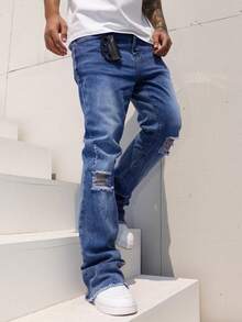 Manfinity LEGND بنطلون جينز رجالي كاجوال مغسول مهترئ بقصة واسعة