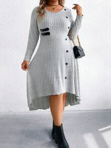 EMERY ROSE Plus Size Women's Grey Everyday Autumn Smart Casual Knit Ribbed Crew Neck Button Decor Dress,Front Short Back Long Elegant Thanksgiving Party Commute - Grey - View 4