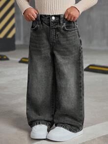 SHEIN 年轻女孩 Y2K 复古蓝色牛仔布毛绒宽腿宽松牛仔裤，羊毛加厚保暖牛仔裤，女孩秋冬装