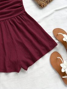 Soleia Combinaison casual à manches courtes et froncée pour femmes grandes tailles, convient pour les vacances, automne/hiver - Rouge foncé - Voir 5