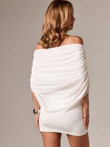 AiiRZ Áo trễ vai nhún bèo Thiết kế hiện đại Cổ rộng Không đối xứng Chi tiết xếp ly bên hông Áo dự tiệc tối mùa hè giản dị Thiết kế tối giản thanh lịch Hình bóng nữ tính - trắng - Xem 2