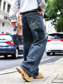 ROMWE MEN Street Life Men's Casual Jeans With Pockets And Rhinestone Spider Web Pattern