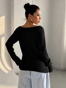 Flirla Petite Áo len tay dài màu trơn cổ tròn lệch vai bất đối xứng dành cho nữ mùa thu/đông - màu đen - Xem 2