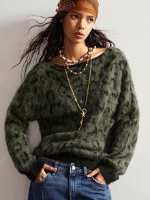 Bohemela 波西米亚风秋冬外套，女士复古豹纹不对称领宽松针织套头毛衣，西部乡村风格，适合度假、日常穿着、返校季、圣诞节、新年等场合。 - 軍綠色 - 查看 5