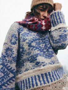 Bohemela Áo khoác ngoài Boho Thu/Đông, Áo len cổ cao dệt kim Fair Isle màu xanh và trắng cổ điển dành cho nữ, Phong cách đồng quê miền Tây, Thích hợp mặc đi nghỉ & mặc hàng ngày & trở lại trường, Halloween, Giáng sinh, Thu dành cho nữ - Xanh và trắng - Xem 6