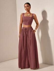 Zivah 新款春夏度假休闲鱼骨吊带上衣和阔腿裤两件套西装带口袋，纹理面料 - 款式B - 珊瑚粉 - 查看 7