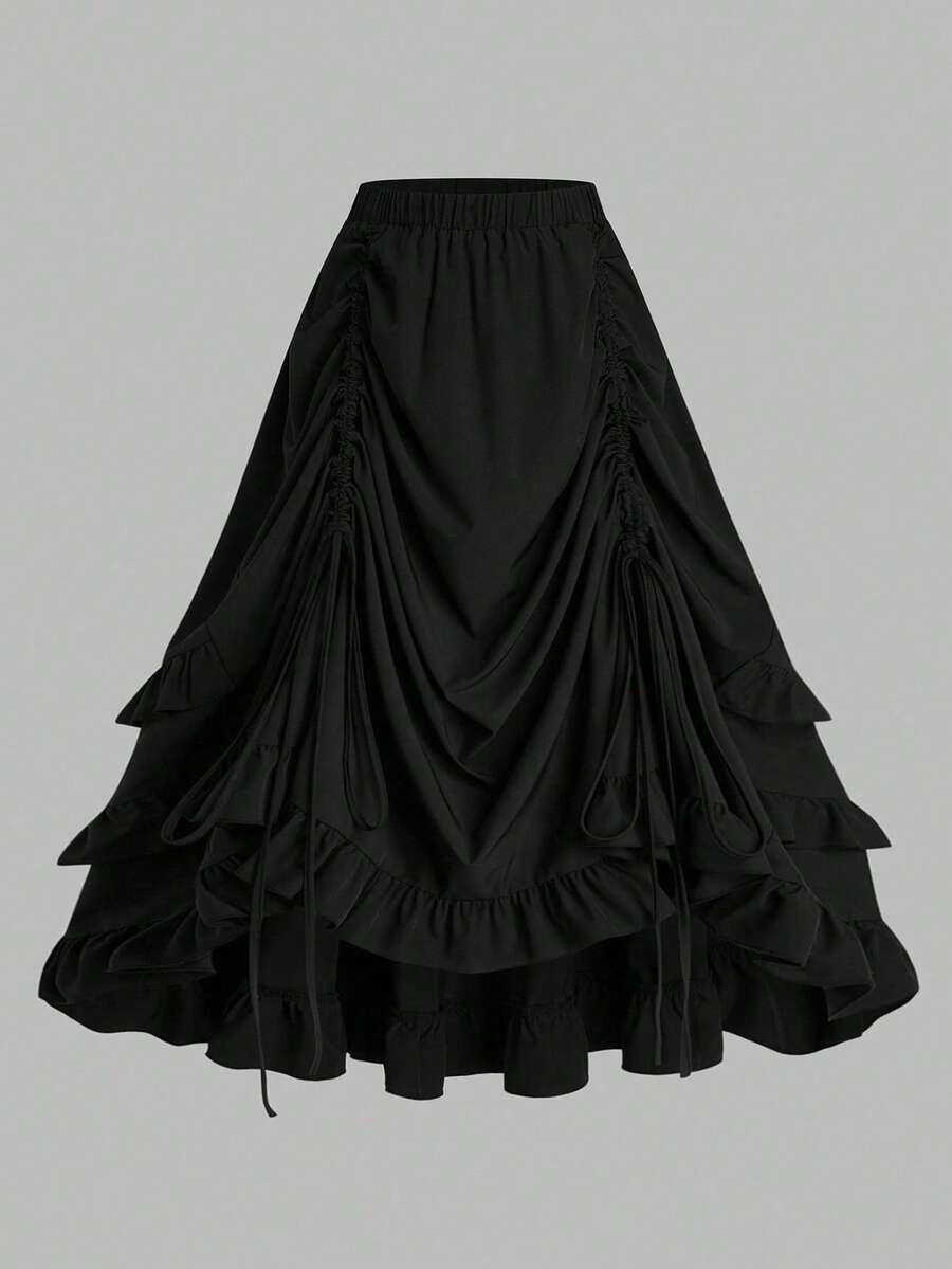 Sunspun Chân váy xếp ly chắp vá phong cách Gothic Punk cỡ lớn không đối xứng - màu đen - Xem 1