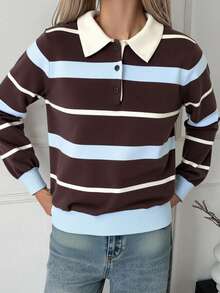 DAZY Women's Loose Business Casual Striped Color Block Pullover Sweater, Suitable For Autumn & Winter Office Wear - Coffee Brown - View 5