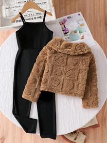 SHEIN 女孩可爱甜美休闲连体裤和粉色衬衫上衣夹克套装，蓬松开衫，适合秋季、冬季 - 卡其色 - 查看 2