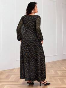 Modelyn 大码女式碎花蕾丝拼接V领长袖优雅连衣裙 - 黑色 - 查看 2