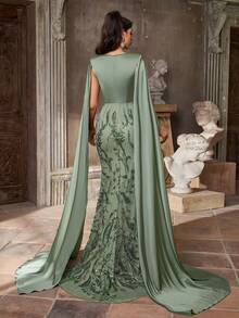 Aureia 优雅绿色奢华串珠和亮片拼接亮面缎面高领前中镂空手工 3D 贴花串珠夸张喇叭袖鱼尾礼服，适合婚礼、庆典、约会、正式场合 - 草綠色 - 查看 4