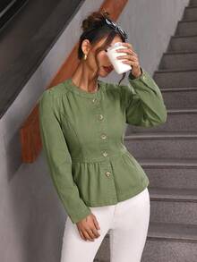 SHEIN PETITE Women's Solid Color Minimalist Everyday Button Decor Long Sleeve Denim Jacket Outerwear