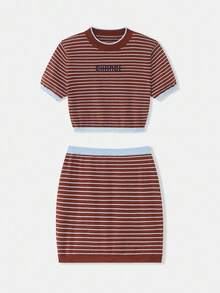 SHEIN Unity Women's Autumn Knitted Two Pieces Set,Camel Blue And White Stripe Contrast Embroidery Round Neck Short Sleeve Casual School Back-To-School Y2K Retro - Multicolor - View 1