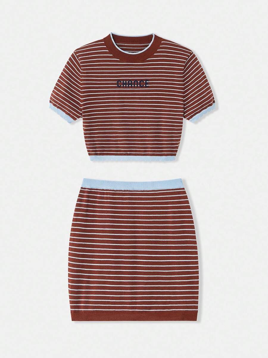 SHEIN Unity Women's Autumn Knitted Two Pieces Set,Camel Blue And White Stripe Contrast Embroidery Round Neck Short Sleeve Casual School Back-To-School Y2K Retro - Multicolor - View 1