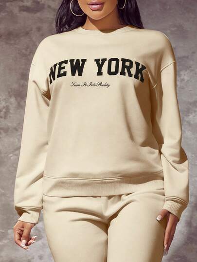 SHEIN SXY 大码休闲简约美式字母印花宽松圆领长袖卫衣，适合秋冬季穿着