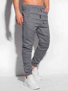 Manfinity Homme 男士休闲纯色抽绳斜口袋慢跑裤，秋季 - 深灰色 - 查看 4