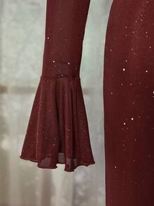 Glamine Women's Off Shoulder Solid Color Flare Sleeve Sequin Elastic Party Dress, Autumn/Winter Off The Shoulder Lace Dresses Fringe Dresses Sequin Dresses Beaded Dresses Blazer Dresses Corpcore Dark Siren Halloween Costumes / Halloween Dresses Christmas Party Dresses Fallfashion Lace Midi Christmas Party Dress Dark Siren Halloween Dres - Burgundy - View 9