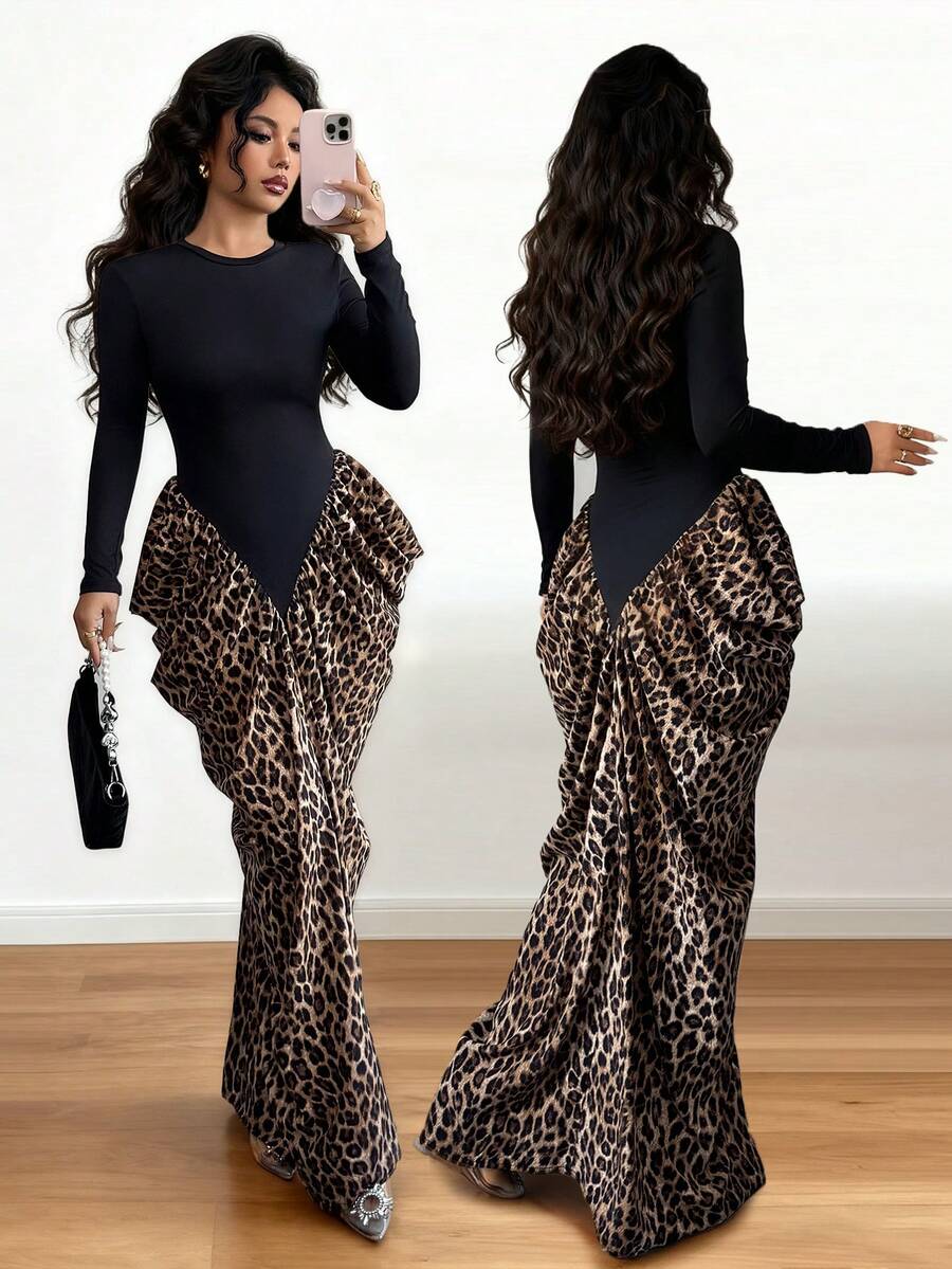 Elenzga 女士黑色针织面料拼布豹纹圆领褶饰腰部优雅连衣裙，适合生日礼物、约会、派对、正式场合、鸡尾酒会、音乐节、独立日、网络星期一、万圣节、单身节、返校派对、平安夜、感恩节、圣诞节、排灯节、秋季连衣裙 - 彩色 - 查看 1