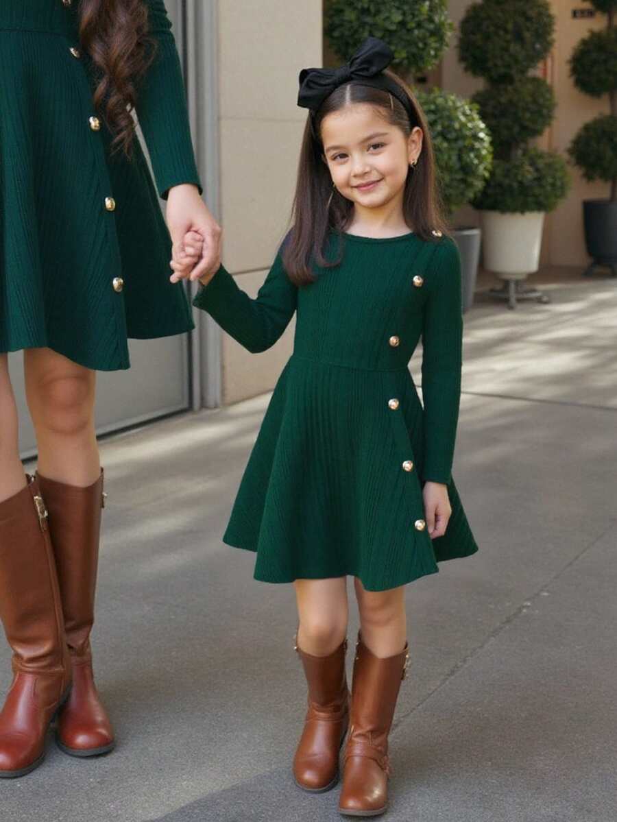 Emery Rose Kids Emery Rose Kids Abito in maglia a maniche lunghe con collo rotondo, design con bottoni in metallo, adatto per ragazze, ideale per autunno e inverno, rosso per Natale, adatto per feste, uso quotidiano a scuola, abito per compleanni, abito da principessa