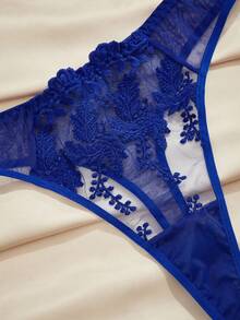 Charlaine 2 Stück Große Größen französischer Bügel-BH-Set, Spitze Stickerei Sexy Dessous, perfekte Büstenabdeckung, Lift - Blau - Übersicht 4