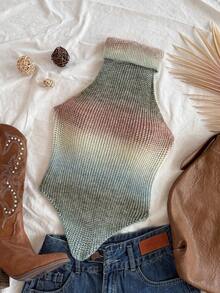 Soleia 加大码渐变色无袖不对称下摆修身针织背心，舒适休闲假日/约会/下午茶/度假/音乐节波西米亚风格 - 彩色 - 查看 4