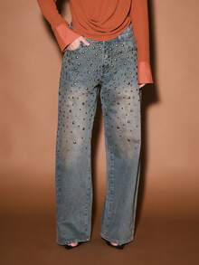 KIZN 女式金属孔眼铆钉直筒高腰阔腿牛仔裤 - 深色水洗藍 - 查看 4