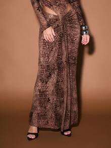 KIZN Crocodile Print Maxi Skirt With Front Drape Detail Long Bodycon Skirt For Evening Party Club Wear