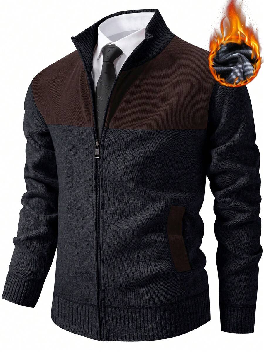 Manfinity Mode Boho Western Style Men's Dark Grey Colorblock Knit Cardigan With Zipper Stand Collar Regular Length Long Sleeve - Dark Grey - View 1