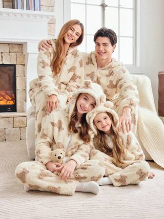 FamilyFrolics 毛绒熊耳装饰连帽上衣和裤子睡衣亲子套装，2 件套，柔软舒适的男士家居服套装，时尚秋冬装，蓬松舒适