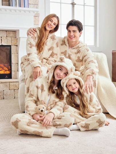 FamilyFrolics 毛绒熊耳装饰连帽上衣和裤子睡衣亲子套装，2 件套，柔软舒适的男士家居服套装，时尚秋冬装，蓬松舒适