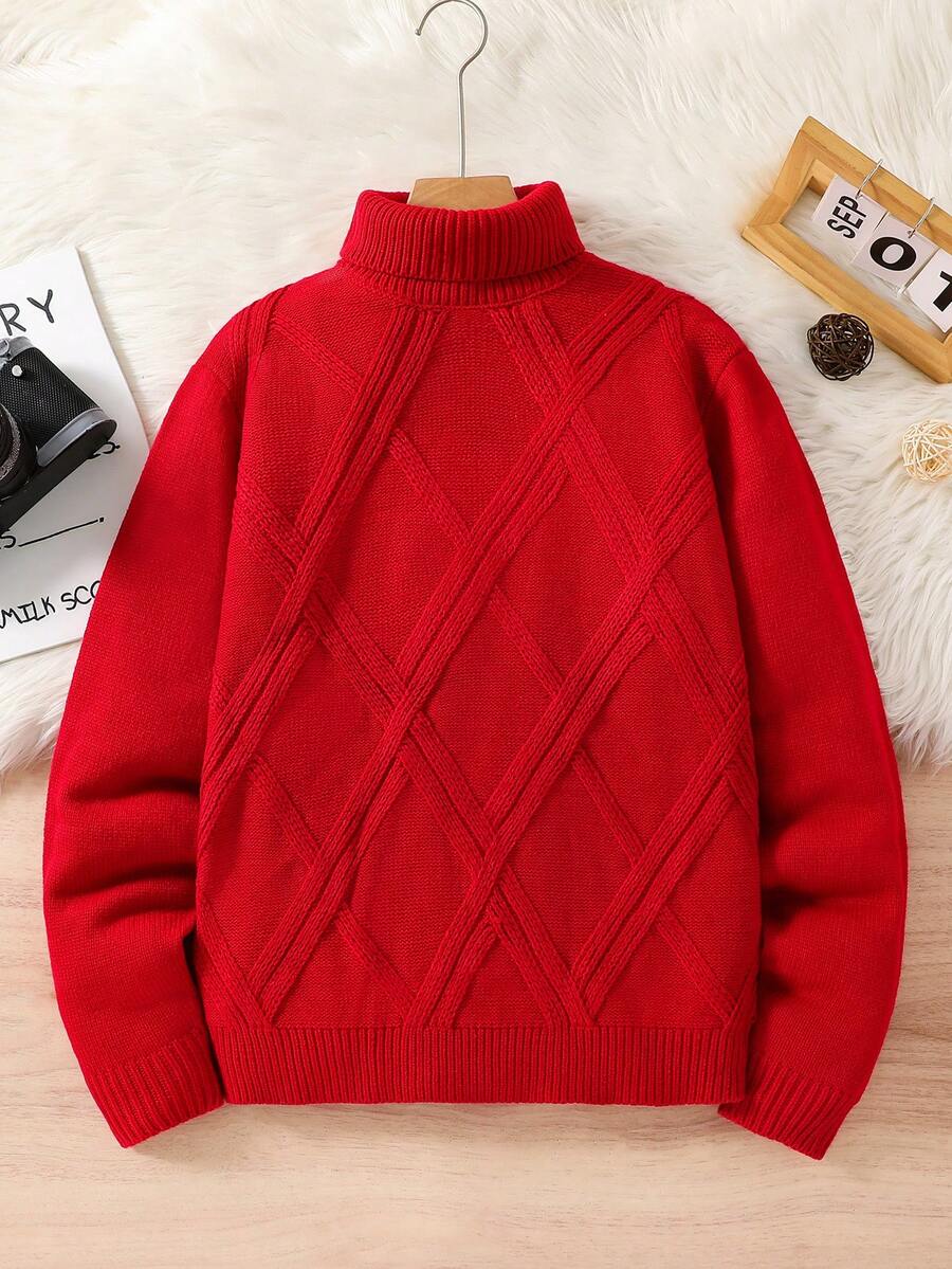 SHEIN 青少年男孩休闲纹理纯色高领落肩长袖针织毛衣，简约百搭，适合圣诞节、居家、通勤、学校、日常休闲、度假、户外、派对、秋冬