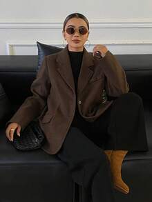 Livesso Chaqueta larga de manga larga marrón holgada casual para mujer, abrigos de mujer de otoño