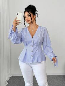 Elenzga 大码女式条纹V领长袖单排扣休闲衬衫 - 藍色 - 查看 7