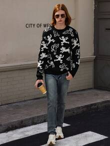 Manfinity Roghcode 男士休闲时尚街头全印花套头衫，秋冬 - 黑色 - 查看 5