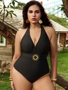 Swim Oasis Plus Size Black Summer Deep V-Neck Gold Sun Decor Halter One-Piece Swimsuit & Tropical Plant Mesh Maxi Skirt Set, Elegant Beach Holiday Vacation - Black and White - View 7