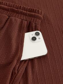 Manfinity NXTstreet 男士休闲纯色短袖 Polo 衫和抽绳腰短裤套装，适合日常通勤，夏季 - 咖啡棕 - 查看 5