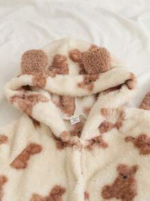 2 件套青少年女孩秋冬双面蓬松可爱卡通熊印花连帽开衫和休闲裤家居服套装 - 杏色 - 查看 7