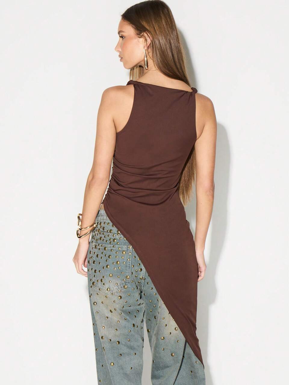 KIZN Twist Strap Asymmetrical Ruched Tank Top