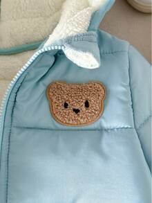 SHEIN 男婴黑色冬季保暖连帽拉链羽绒服，休闲百搭，柔软舒适，适合雪地玩耍。男婴外套，冬季保暖外套，熊宝宝外套，羽绒服，圣诞节 - 藍色 - 查看 4