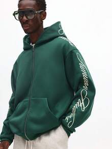 SUMWON 常规款全拉链连帽衫，配有抽绳兜帽和中央口袋，休闲街头风格运动衫，适合日常舒适冬季分层穿着 - 綠色 - 查看 3