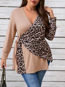 EMERY ROSE Plus Size Women V-Neck Long Sleeve Leopard Patchwork Casual Tie-Front Tunic Top - Khaki - View 4